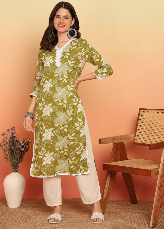 Mustard Floral Printed Straight Cotton Stitched Kurta