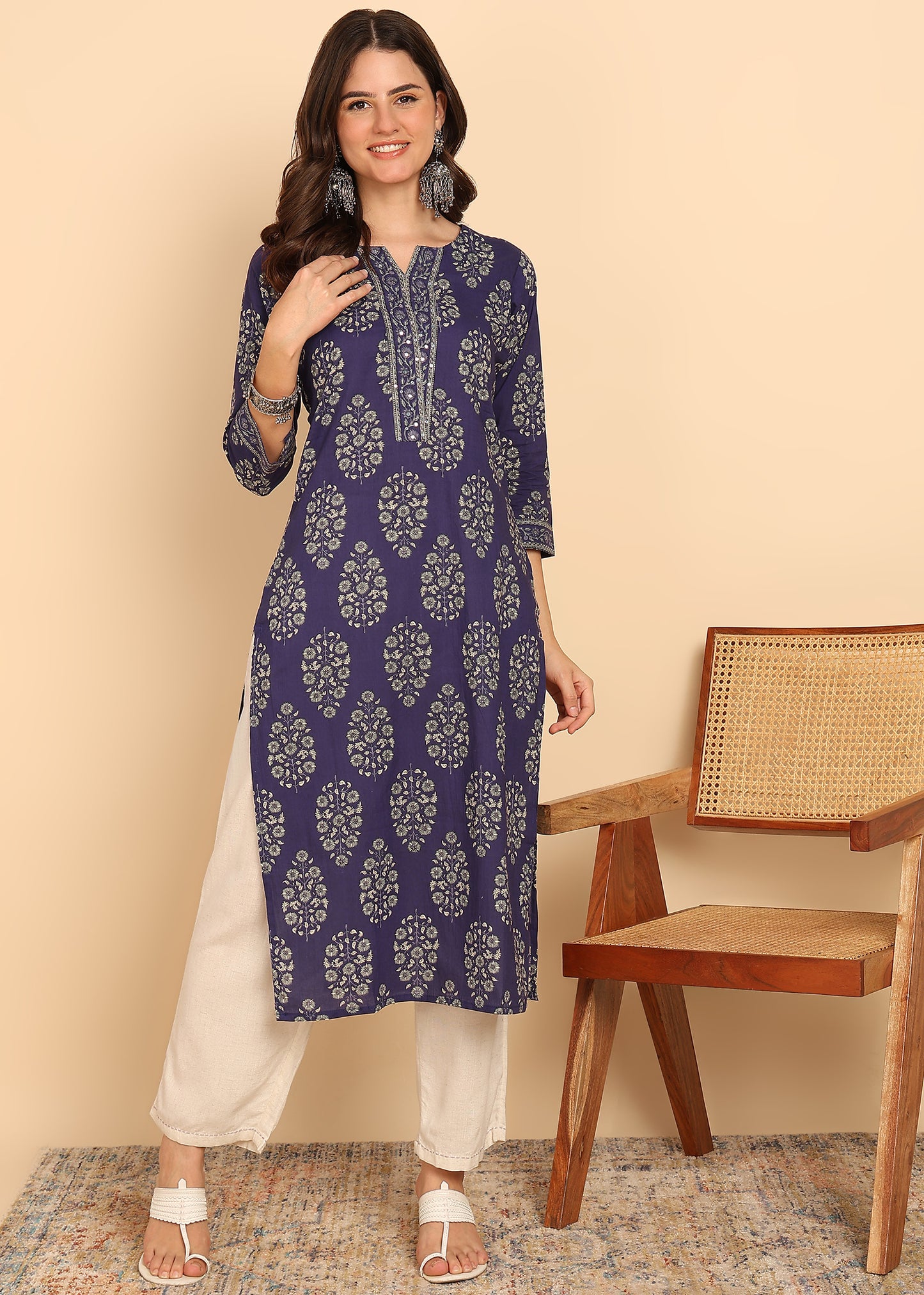 Indigo Blue Floral Printed Straight Cotton Stitched Kurta
