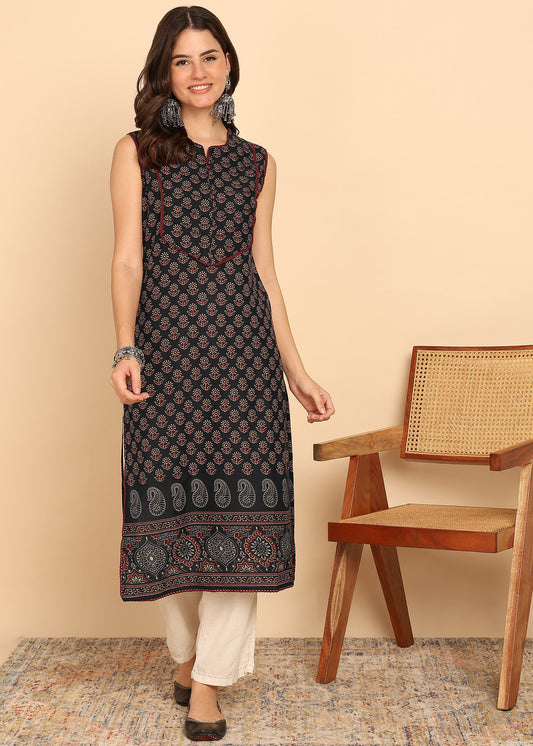 Black Floral Printed Straight Cotton Stitched Kurta