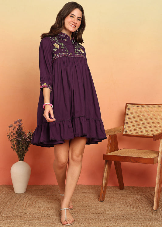 Dark Purple Solid With Embroidery Flare Cotton Stitched Dress