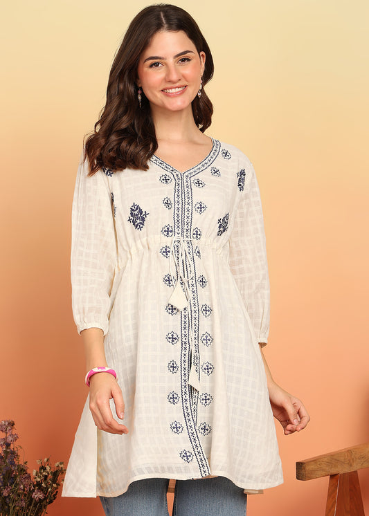 Off-White Embroidery A-Line Cotton Jacquard Stitched Tunic
