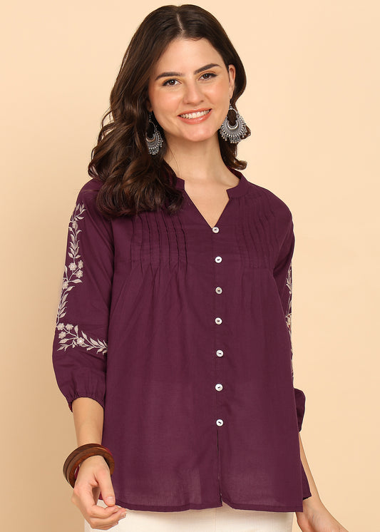 Magenta Solid Fit And Flare Cotton Stitched Top