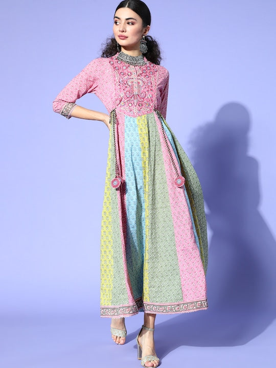 Multicolor Floral Embroidered Anarkali Cotton Kurta