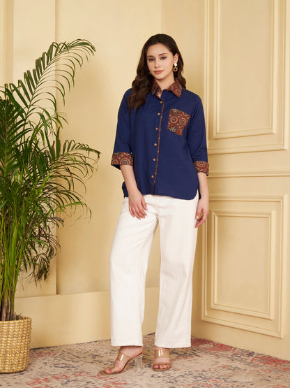 Blue Solid Straight Cotton Flex Stitched Top