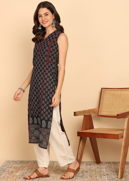 Black Floral Printed Straight Cotton Stitched Kurta