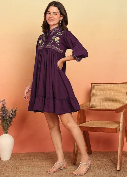 Dark Purple Solid With Embroidery Flare Cotton Stitched Dress