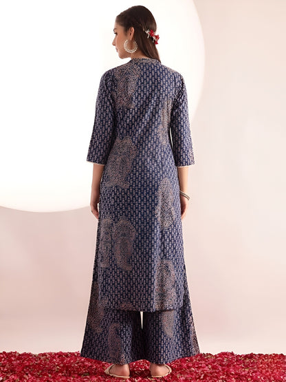 Blue Floral Print Fit & Flare Cotton Stitched Kurta With Pant