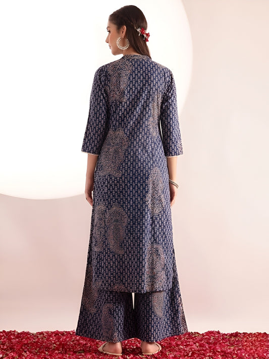 Blue Floral Print Fit & Flare Cotton Stitched Kurta With Pant