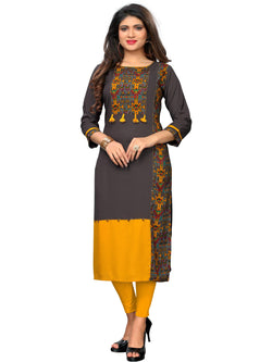 Grey & Yellow Rayon Straight Kurti