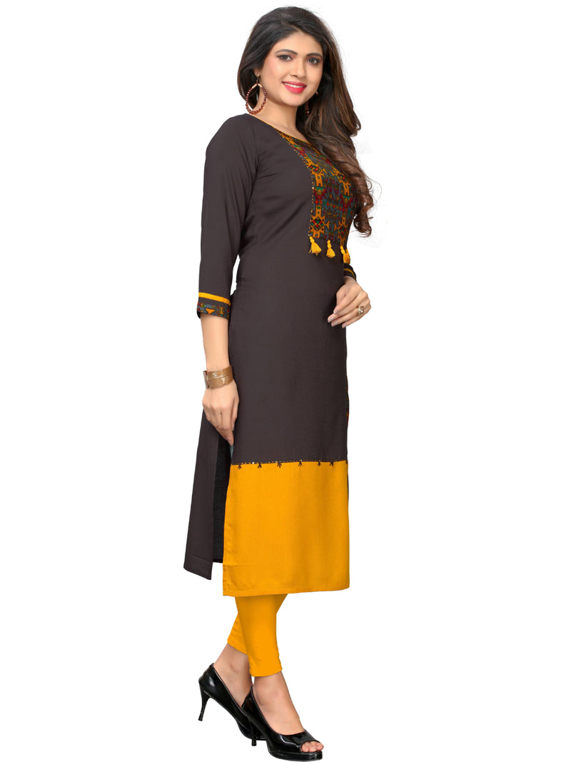 Grey & Yellow Rayon Straight Kurti