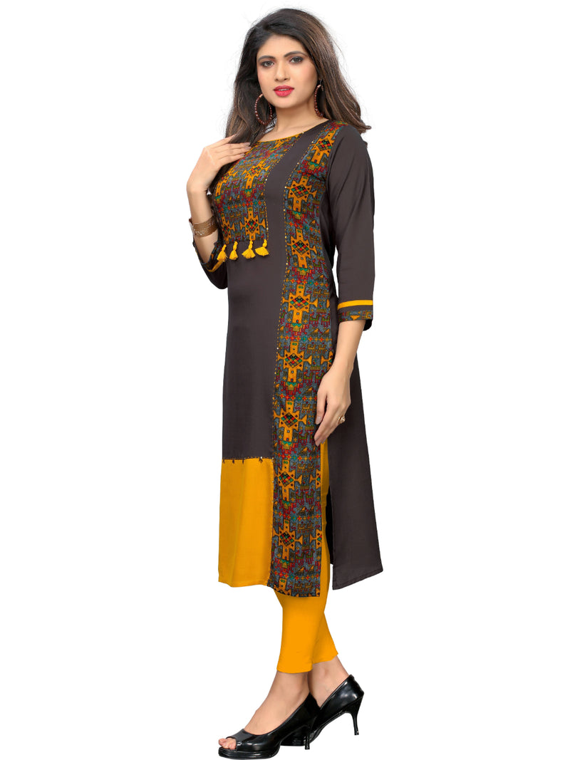 Grey & Yellow Rayon Straight Kurti