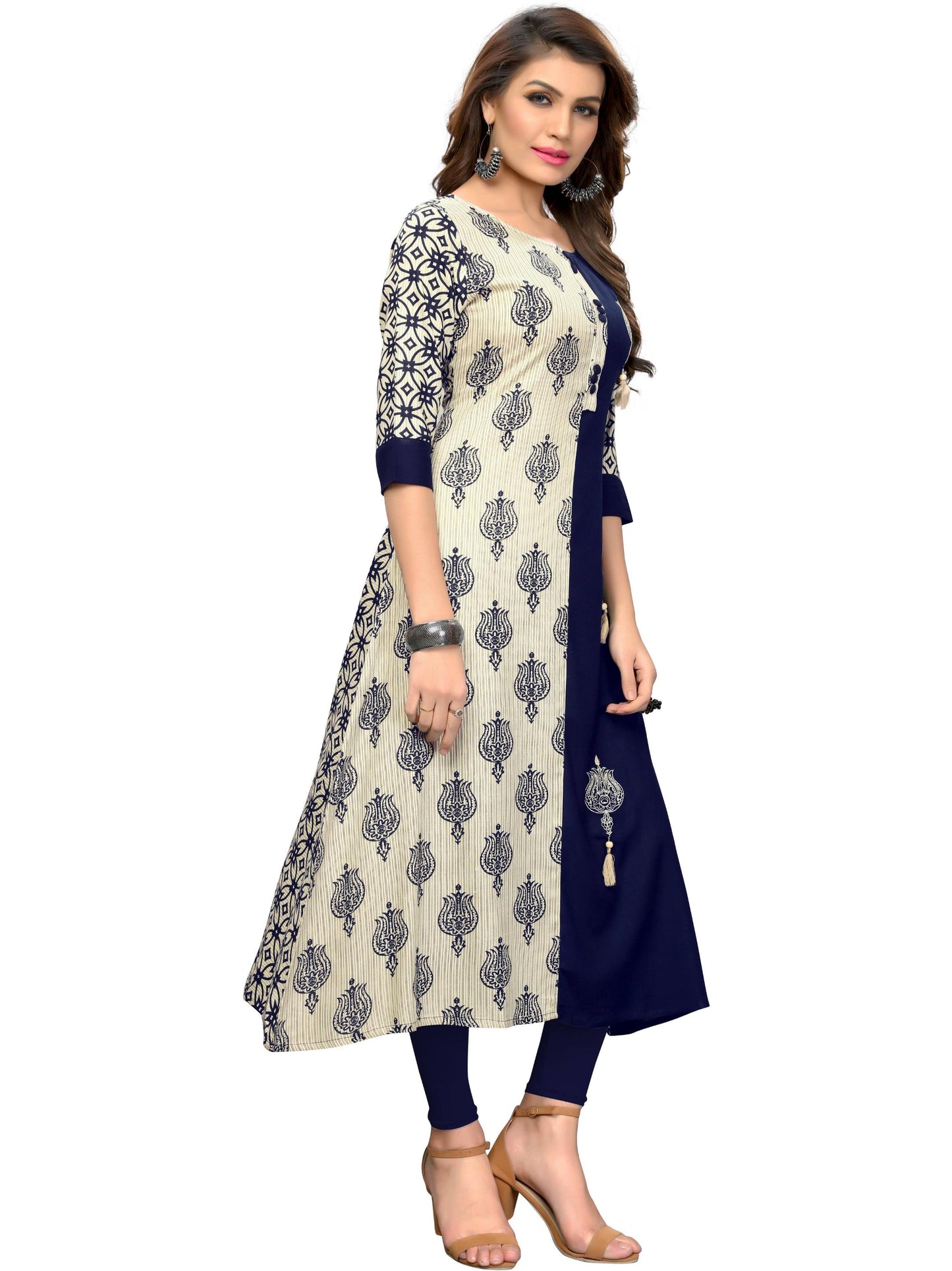 Blue & White Color Rayon Straight Kurti