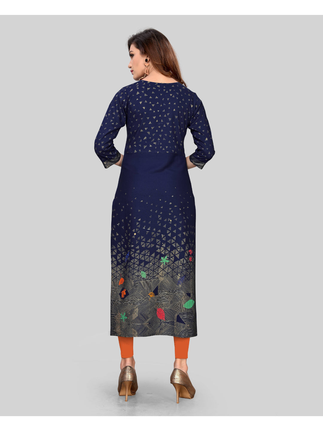 Navy Blue Printed Rayon Straight Kurti