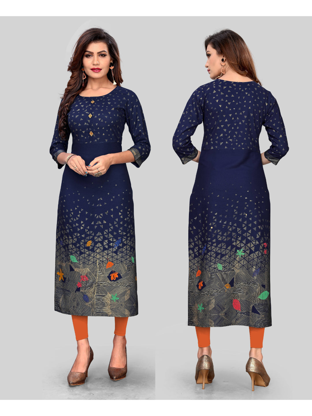 Navy Blue Printed Rayon Straight Kurti