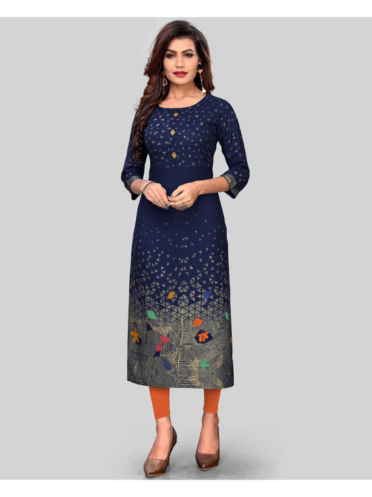 Navy Blue Printed Rayon Straight Kurti