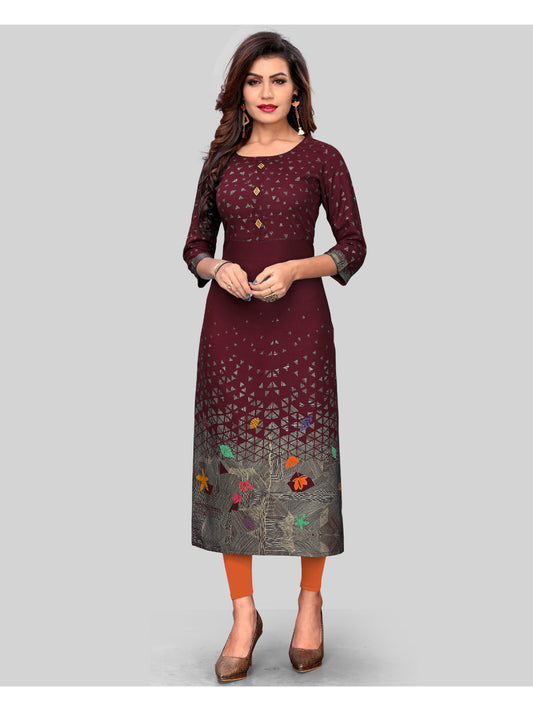 Dark Maroon Printed Rayon Straight Kurti