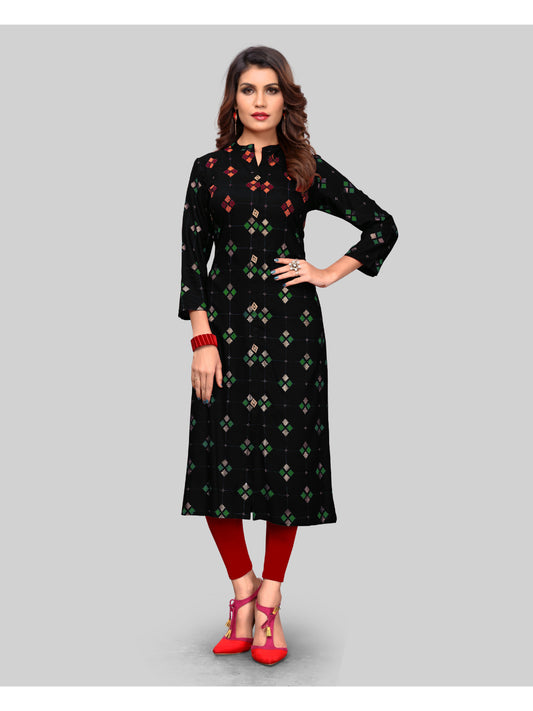 Black Printed Rayon Straight Kurti