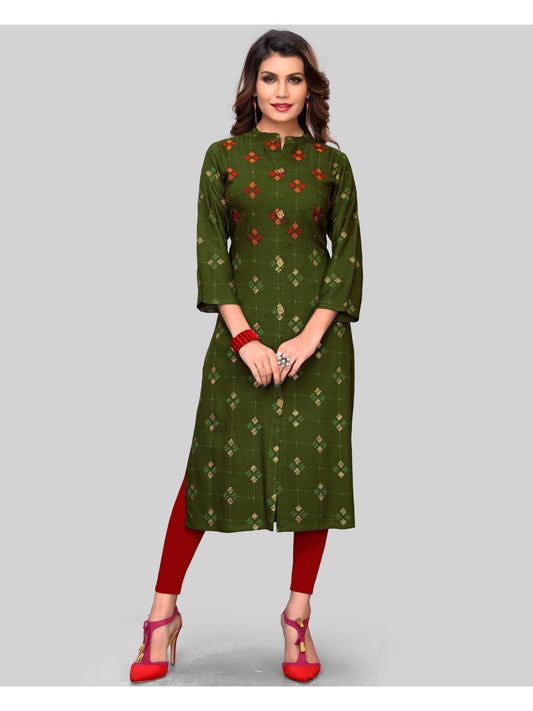 Mehendi Green Printed Rayon Straight Kurti