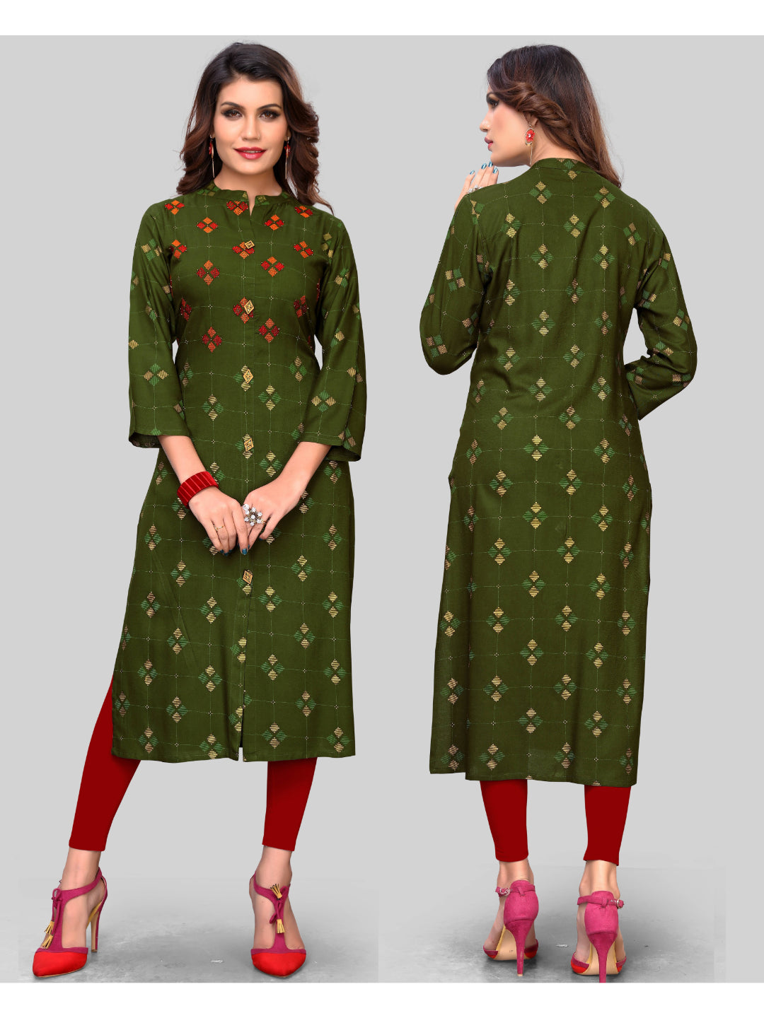 Mehendi Green Printed Rayon Straight Kurti