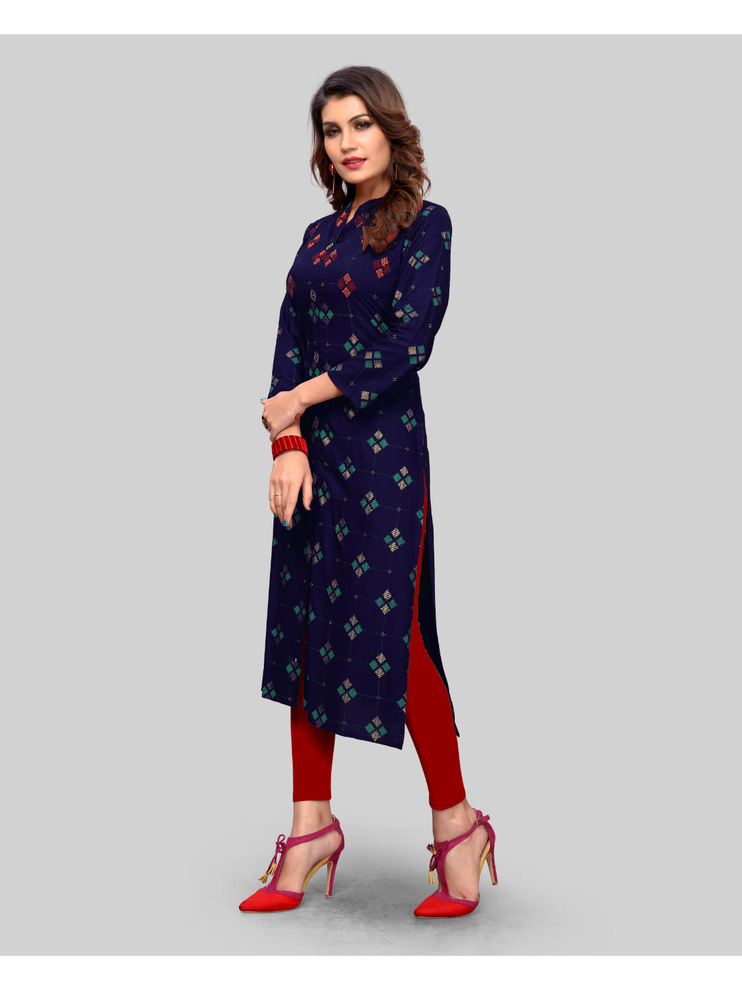 Blue Printed Rayon Straight Kurti