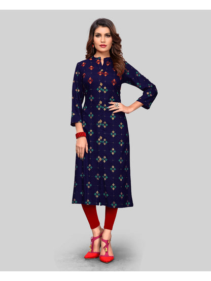 Blue Printed Rayon Straight Kurti