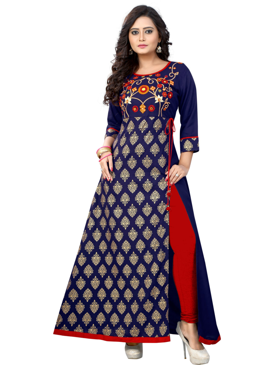 Blue Embroidered Rayon A-line Kurti