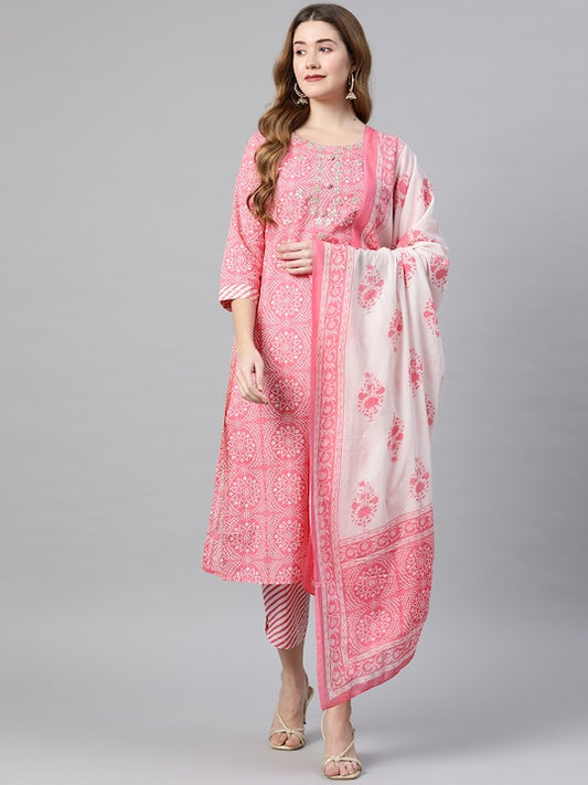 Light Pink Embroidered Straight Cotton Kurta Set