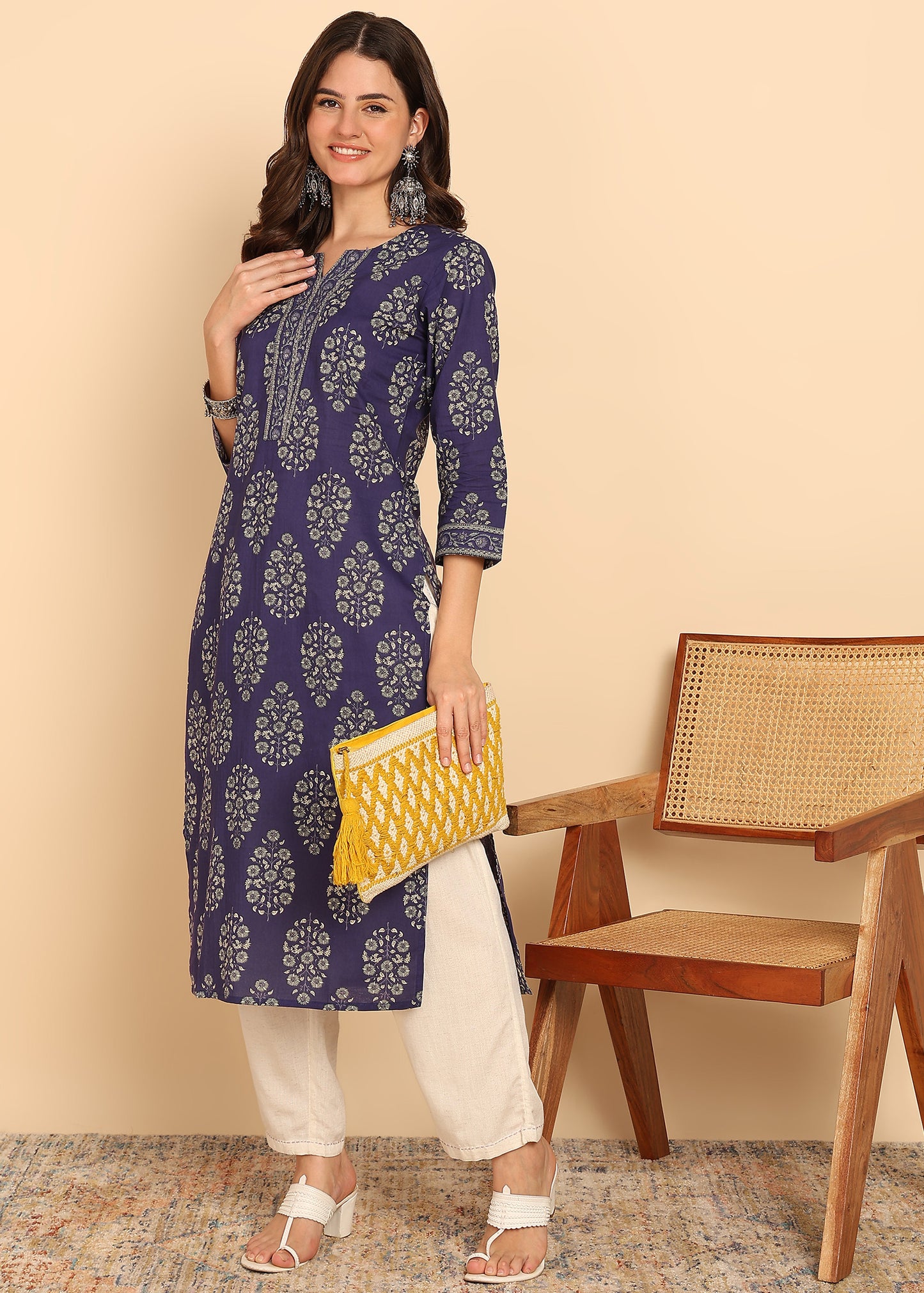 Indigo Blue Floral Printed Straight Cotton Stitched Kurta