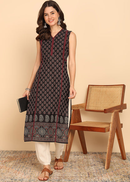 Black Floral Printed Straight Cotton Stitched Kurta