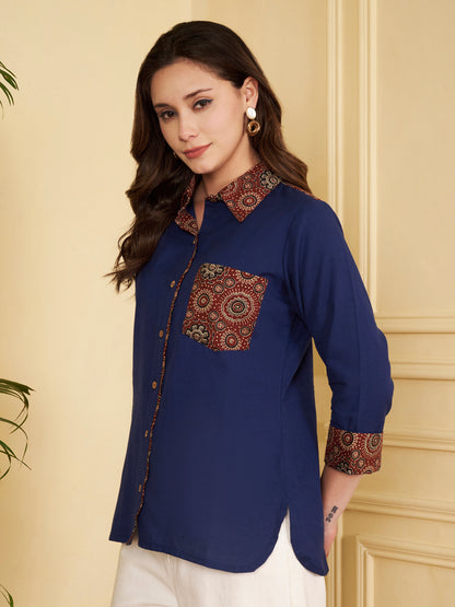 Blue Solid Straight Cotton Flex Stitched Top