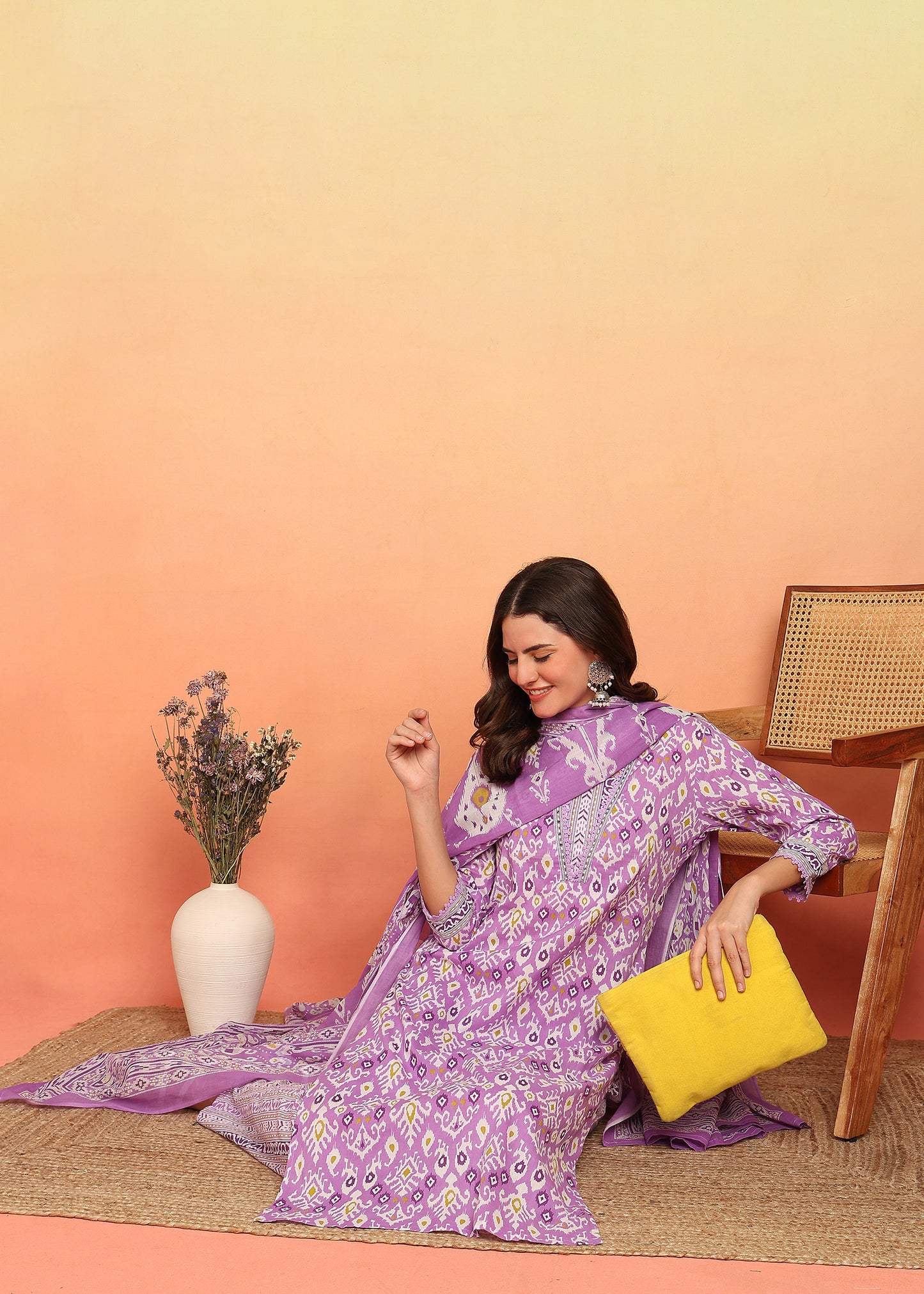 Lavender Geometric Printed Straight Cotton Stitched Kurta, Pant With Dupatta