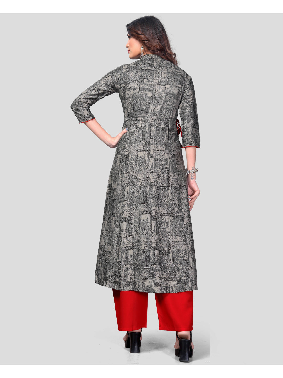 Grey Printed Straight Rayon Kurti