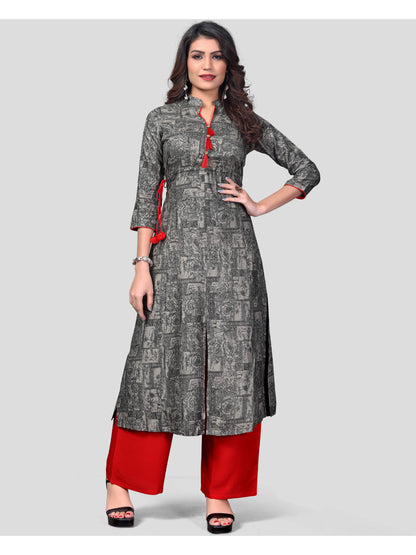 Grey Printed Straight Rayon Kurti