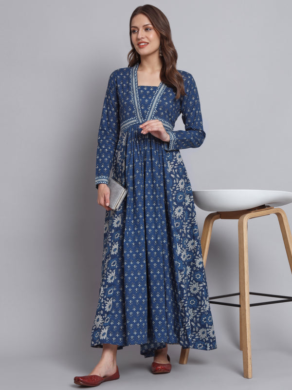 Blue Floral Print Anarkali Cotton Gown