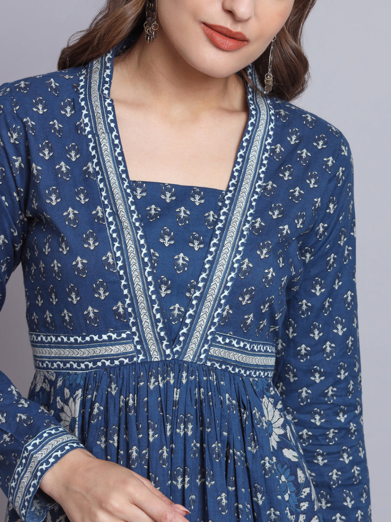 Blue Floral Print Anarkali Cotton Gown