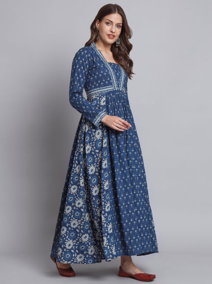 Blue Floral Print Anarkali Cotton Gown