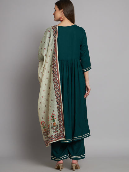 Green Embroidered A-line Viscose Kurta Set