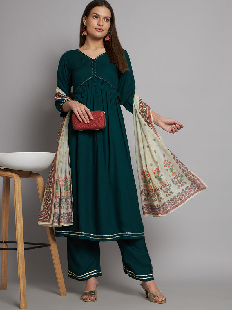 Green Embroidered A-line Viscose Kurta Set