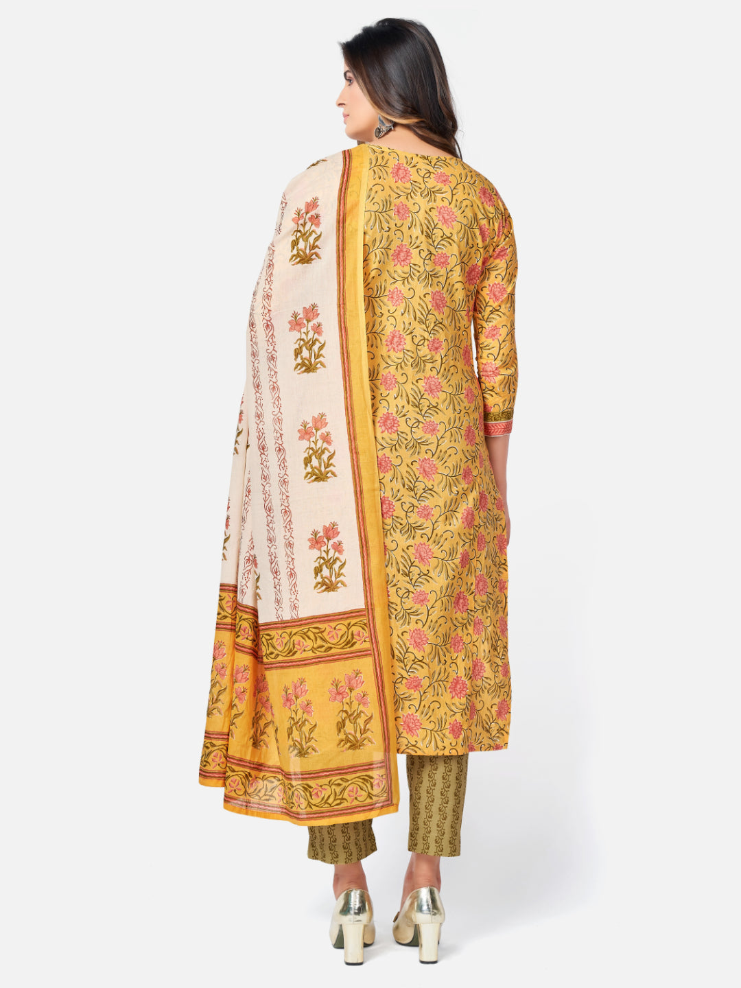 Yellow Embroidered Straight Cotton Kurta Set