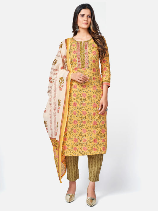 Yellow Embroidered Straight Cotton Kurta Set