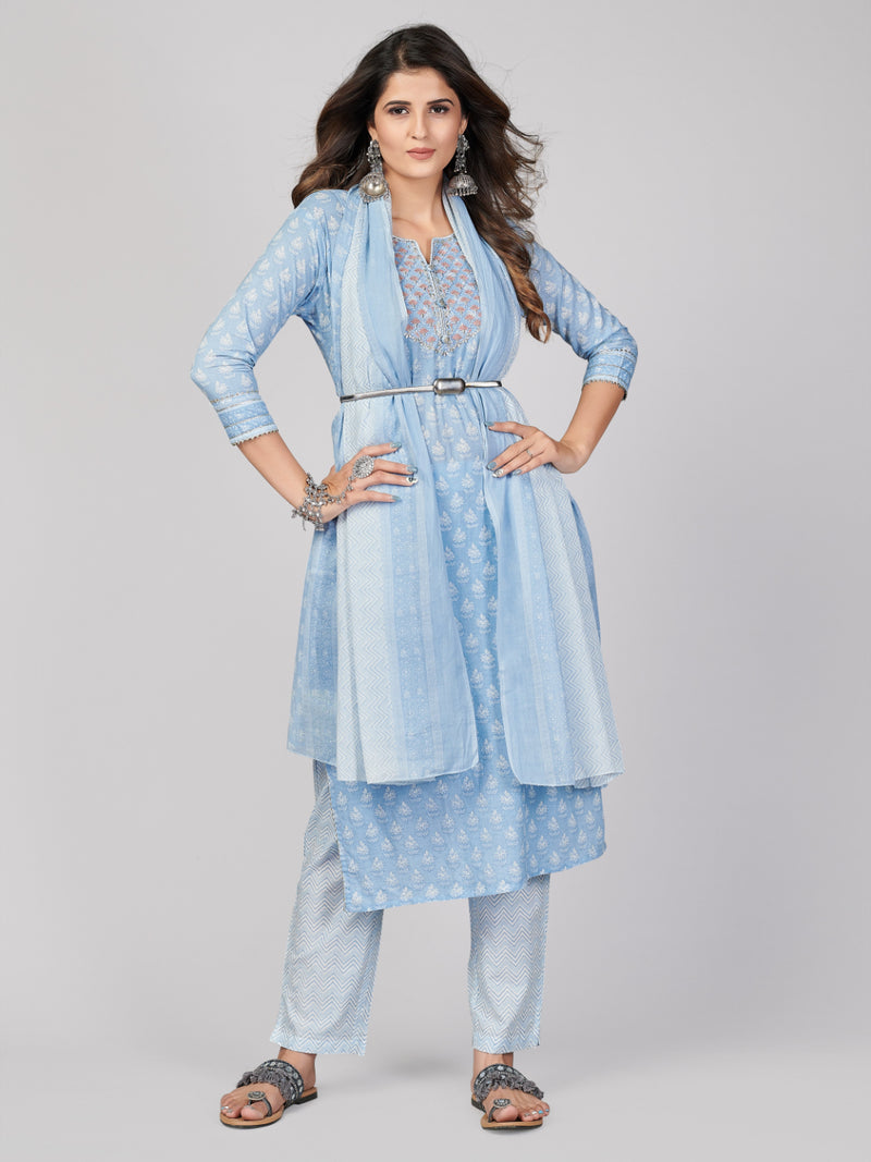 Sky Blue Embroidered Straight Cotton Kurta Set