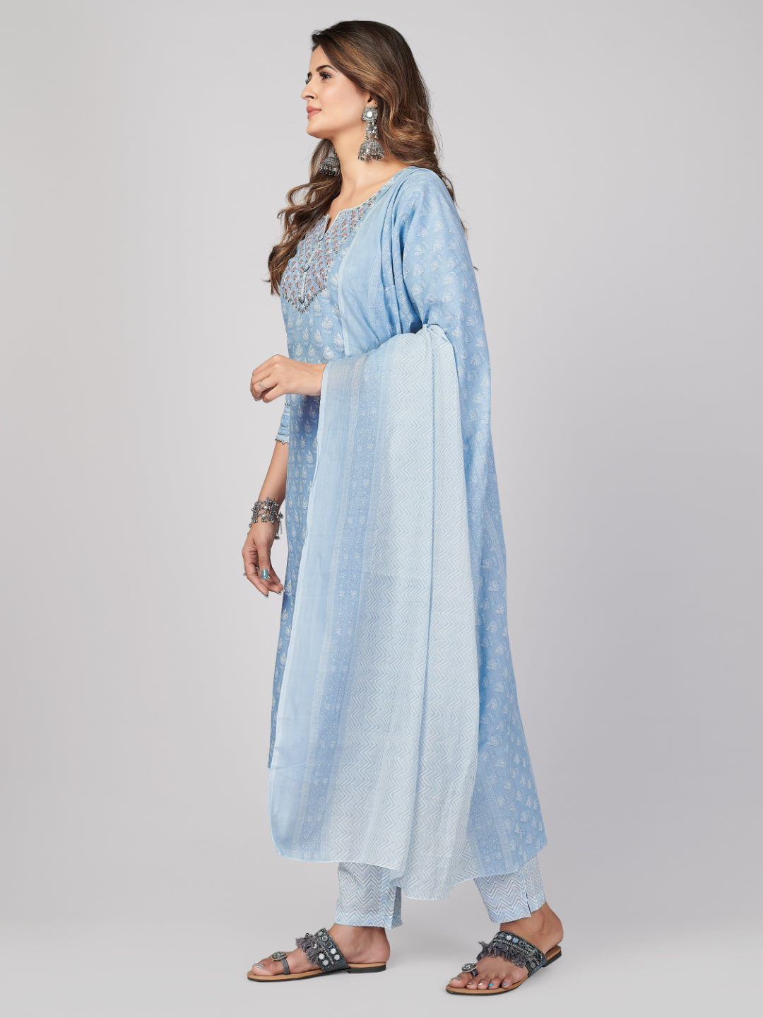 Sky Blue Embroidered Straight Cotton Kurta Set