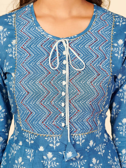 Blue Embroidered Anarkali Cotton Kurta Set