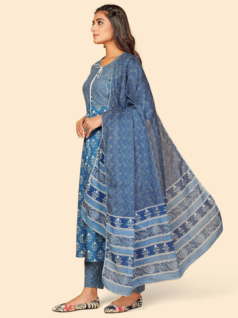 Blue Embroidered Anarkali Cotton Kurta Set