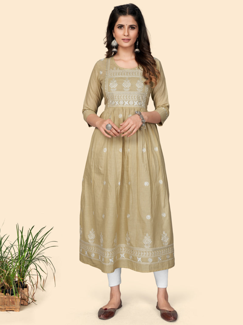 Beige Embroidered A-Line Cotton Kurta