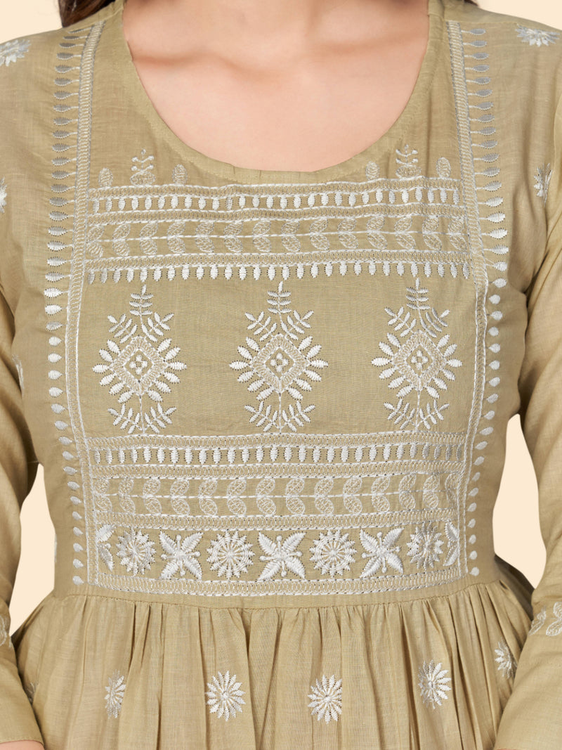 Beige Embroidered A-Line Cotton Kurta
