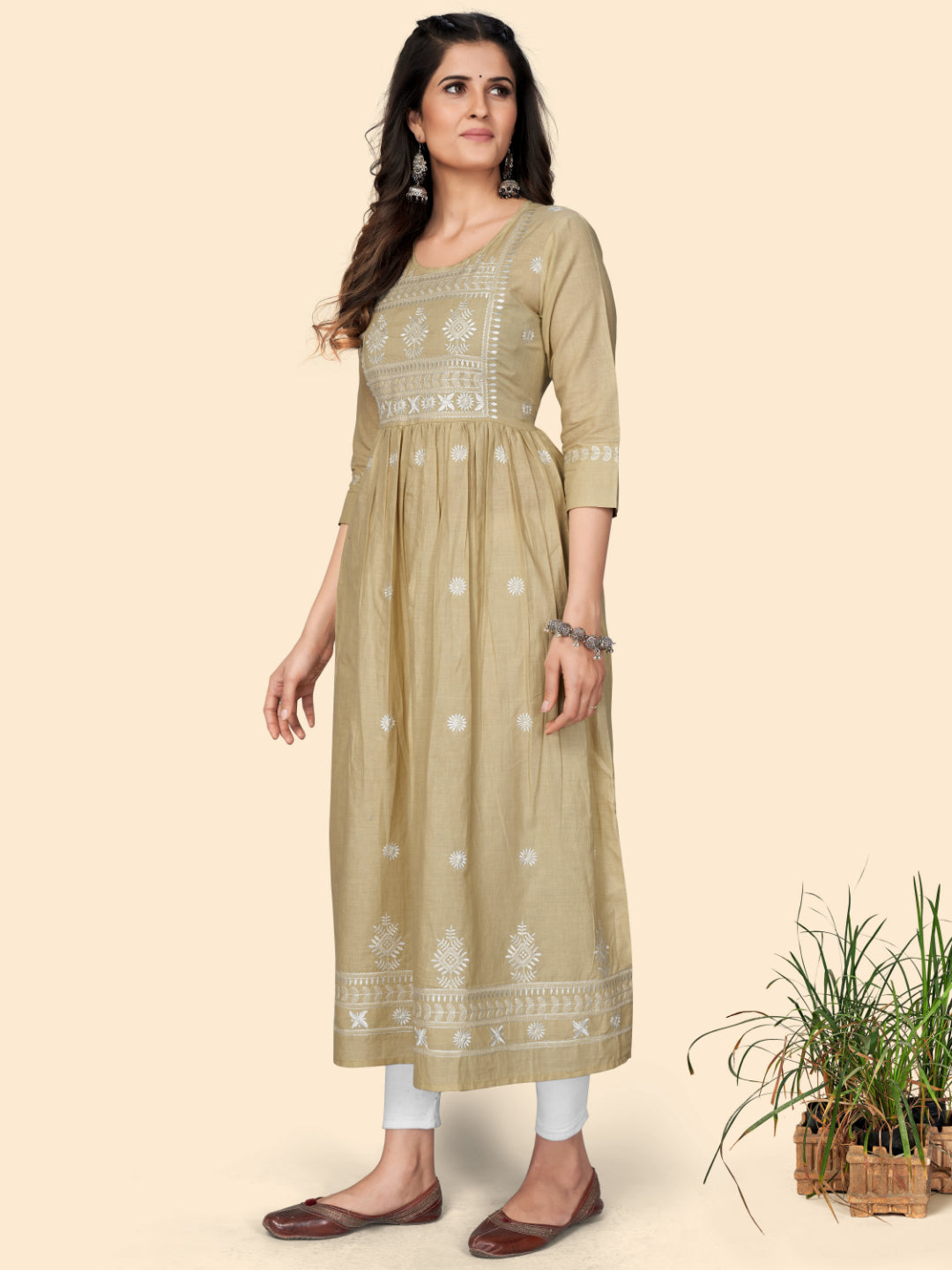 Beige Embroidered A-Line Cotton Kurta