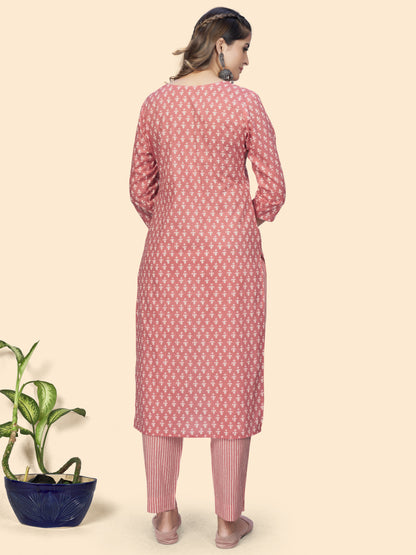 Peach Embroidered Straight Cotton Kurta With Pant