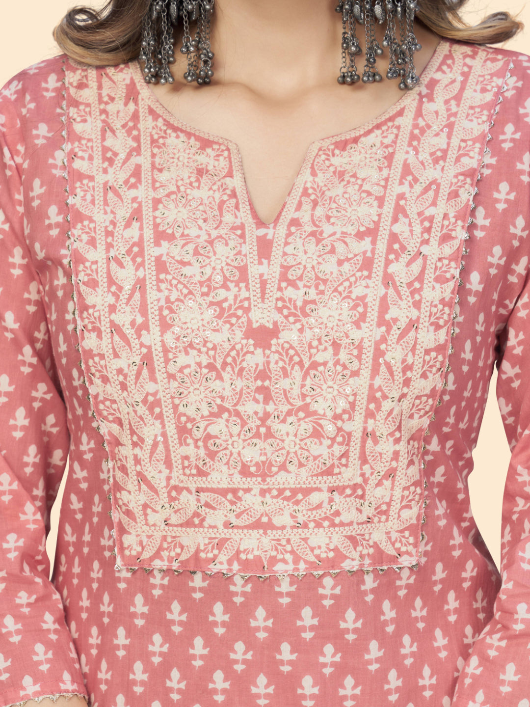 Peach Embroidered Straight Cotton Kurta With Pant