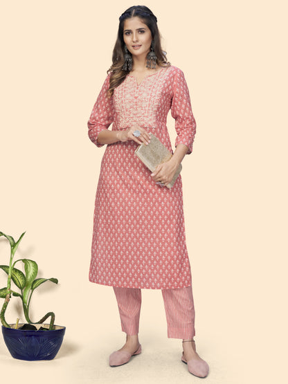 Peach Embroidered Straight Cotton Kurta With Pant